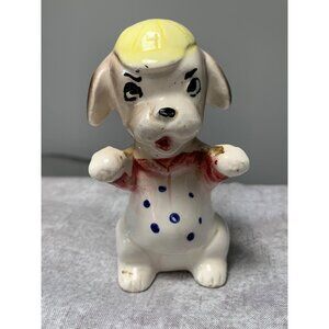 Vintage Hand-Painted Porcelain Dog Figurine Yellow Hat Polka Dot Japan